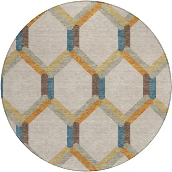 8' Beige Wheat And Blue Round Geometric Washable Indoor Outdoor Area Rug Photo 2