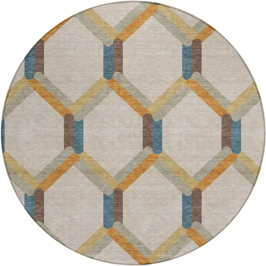 8' Beige Wheat And Blue Round Geometric Washable Indoor Outdoor Area Rug Photo 2