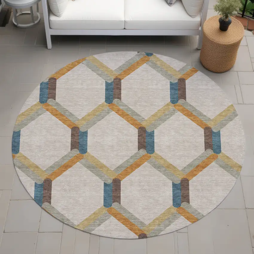 8' Beige Wheat And Blue Round Geometric Washable Indoor Outdoor Area Rug Photo 8