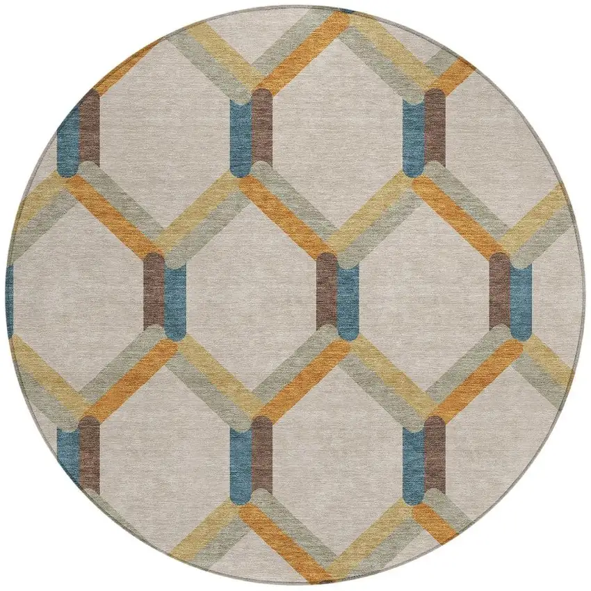 8' Beige Wheat And Blue Round Geometric Washable Indoor Outdoor Area Rug Photo 4