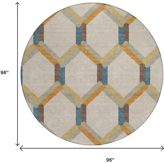 8' Beige Wheat And Blue Round Geometric Washable Indoor Outdoor Area Rug Photo 3