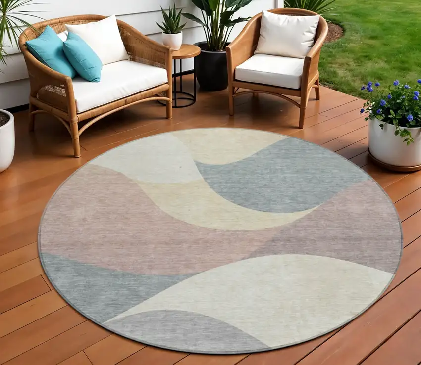 8' Beige Wheat And Copper Round Abstract Washable Indoor Outdoor Area Rug Photo 2