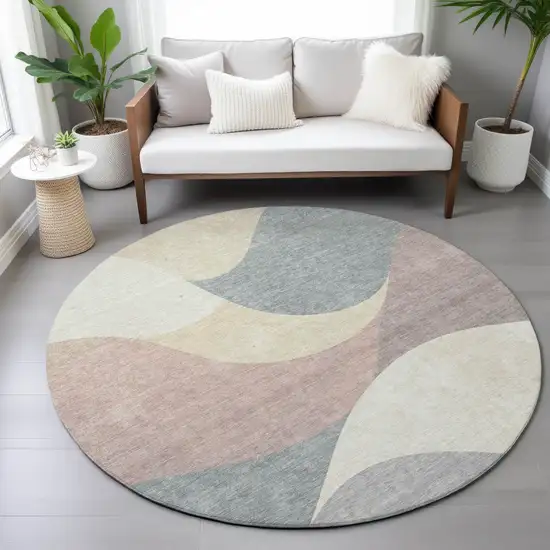 8' Beige Wheat And Copper Round Abstract Washable Indoor Outdoor Area Rug Photo 9