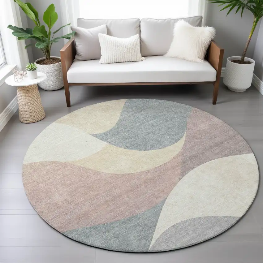 8' Beige Wheat And Copper Round Abstract Washable Indoor Outdoor Area Rug Photo 9
