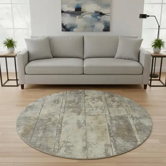 8' Beige Wheat And Taupe Striped Washable Round Rug With UV Protection Photo 2