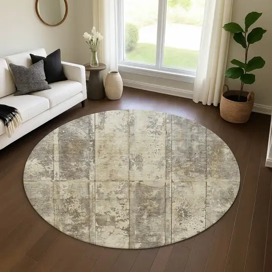 8' Beige Wheat And Taupe Striped Washable Round Rug With UV Protection Photo 4