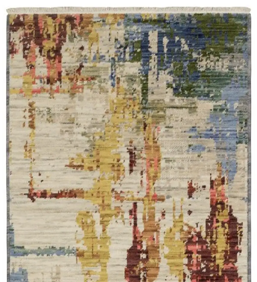 12' Beige Yellow And Salmon Abstract Runner Rug With Fringe Photo 5