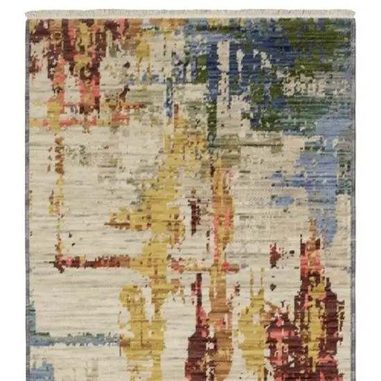 12' Beige Yellow And Salmon Abstract Runner Rug With Fringe Photo 5