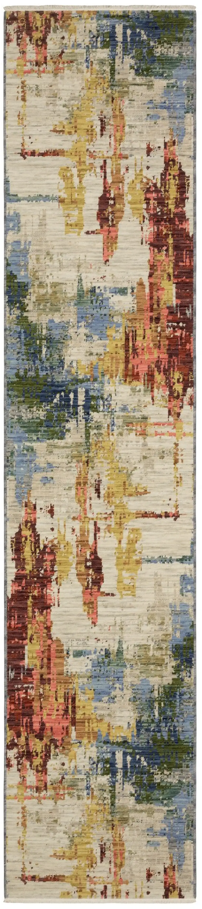 12' Beige Yellow And Salmon Abstract Runner Rug With Fringe Photo 2