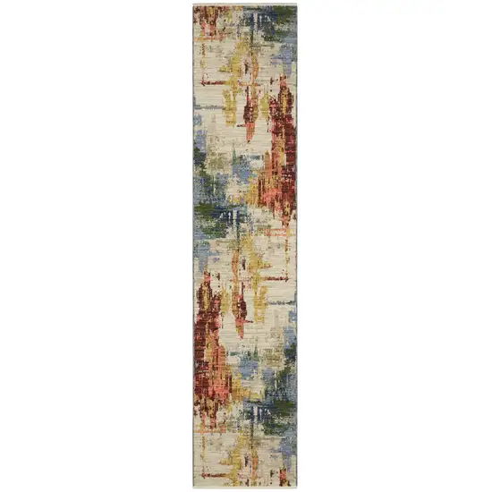 12' Beige Yellow And Salmon Abstract Runner Rug With Fringe Photo 2