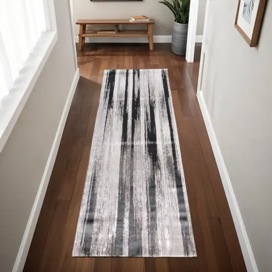 8' Black Silver And Gray Abstract Runner Rug Photo 1