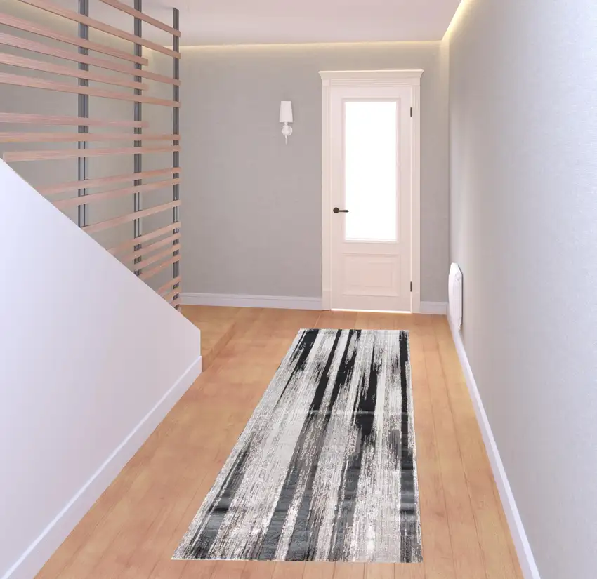 8' Beige and Black Abstract Power Loom Runner Rug Photo 2