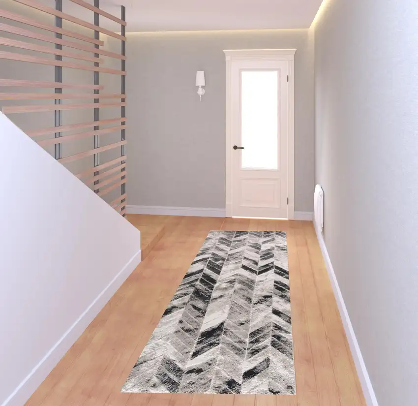 8' Beige and Black Chevron Runner Rug Photo 2