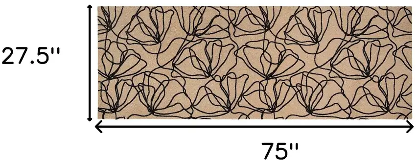 6' Beige and Black Floral Washable Runner Rug With UV Protection Photo 5