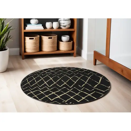 5' Beige and Black Round Abstract Power Loom Area Rug Photo 2