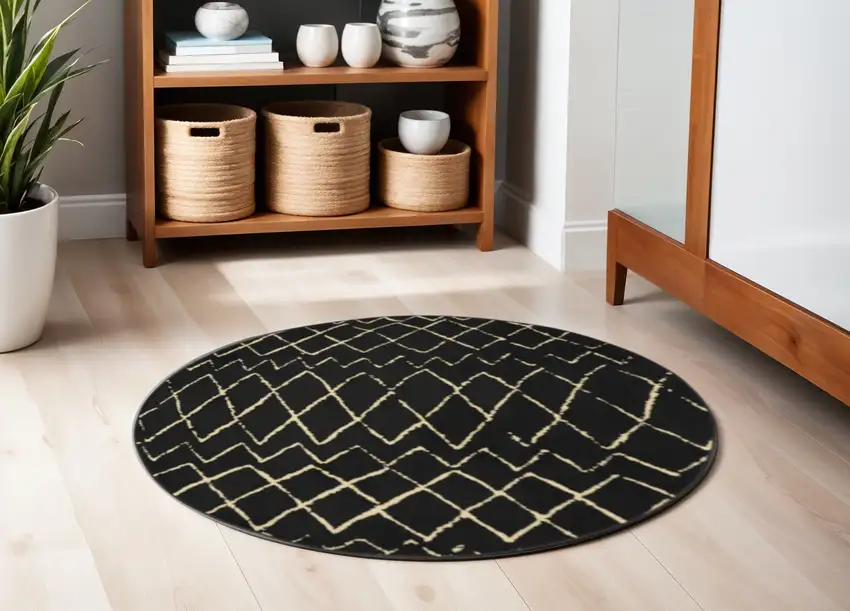 5' Beige and Black Round Abstract Power Loom Area Rug Photo 2