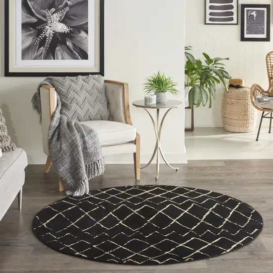 5' Beige and Black Round Abstract Power Loom Area Rug Photo 5