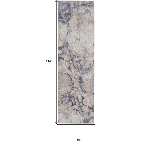 12' Tan Blue And Beige Abstract Distressed Runner Rug Photo 3