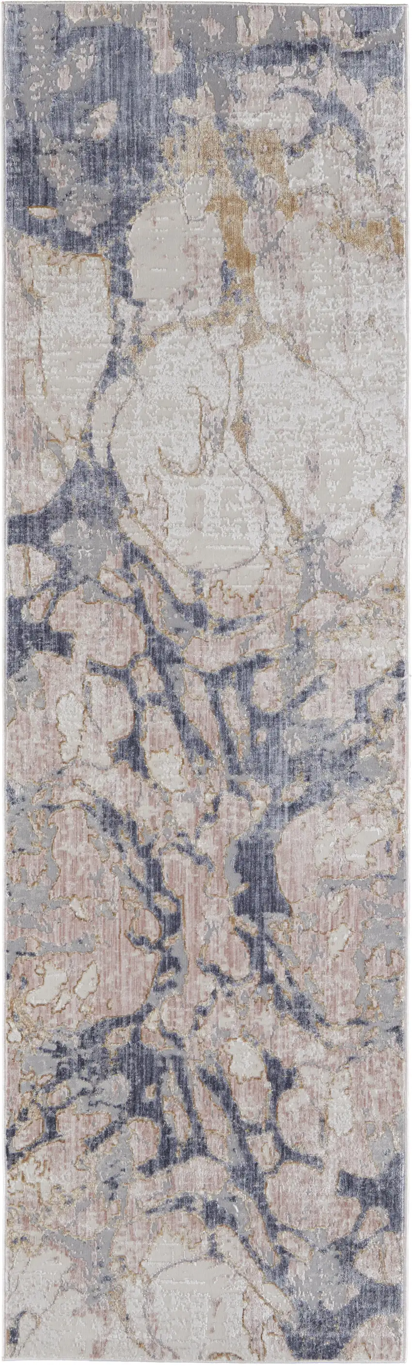 12' Beige and Blue Abstract Power Loom Distressed Runner Rug Photo 2