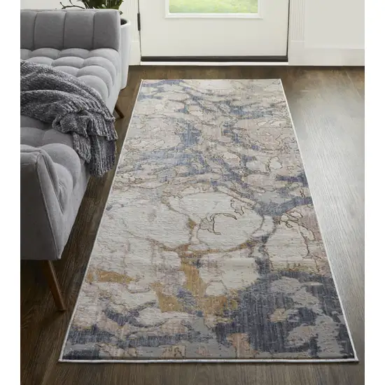 12' Tan Blue And Beige Abstract Distressed Runner Rug Photo 6