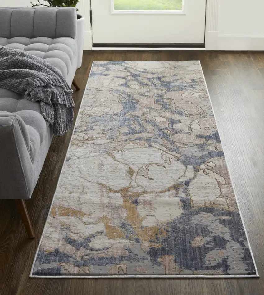 12' Beige and Blue Abstract Power Loom Distressed Runner Rug Photo 6