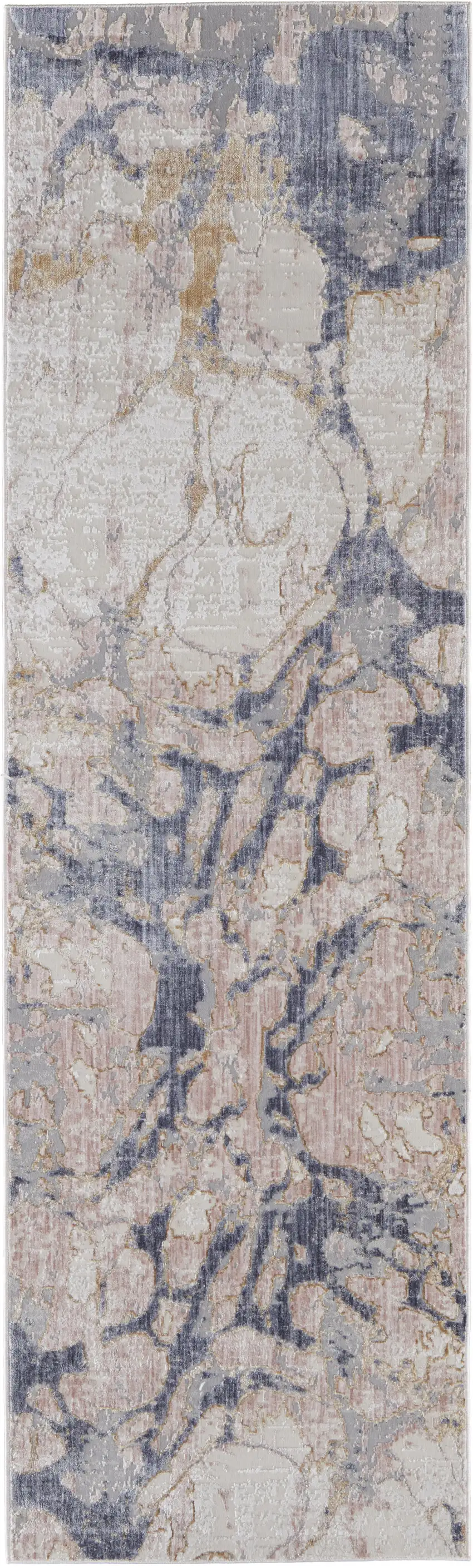 12' Beige and Blue Abstract Power Loom Distressed Runner Rug Photo 4