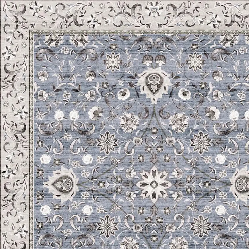 8' Beige and Blue Floral Distressed Non Skid Runner Rug Photo 2