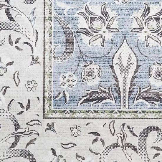 8' Beige and Blue Floral Distressed Non Skid Runner Rug Photo 9