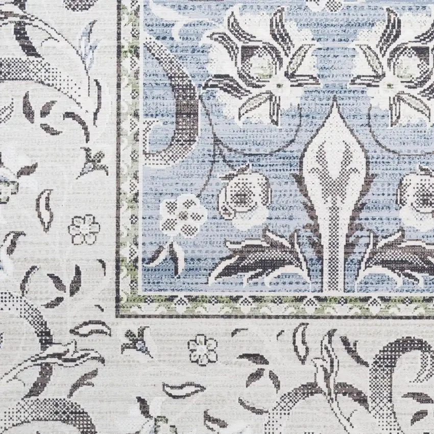 8' Beige and Blue Floral Distressed Non Skid Runner Rug Photo 9
