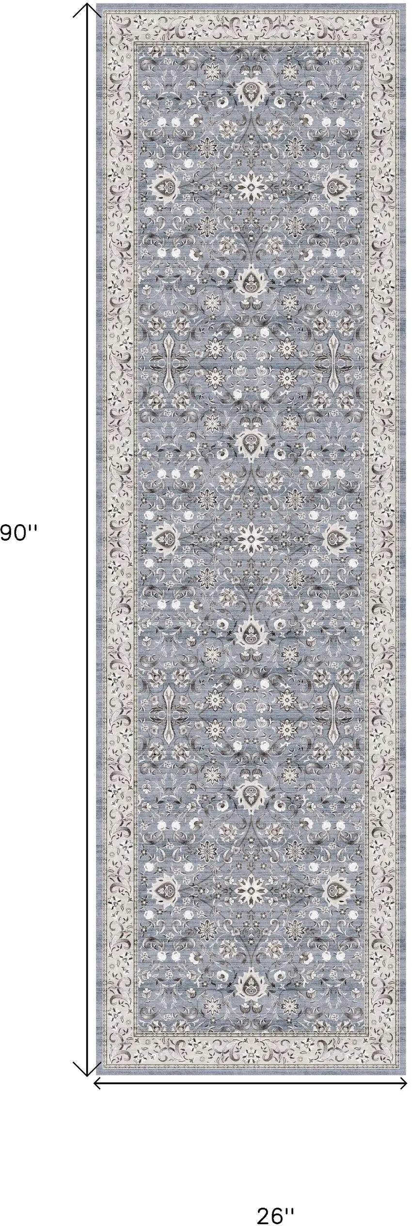 8' Beige and Blue Floral Distressed Non Skid Runner Rug Photo 3