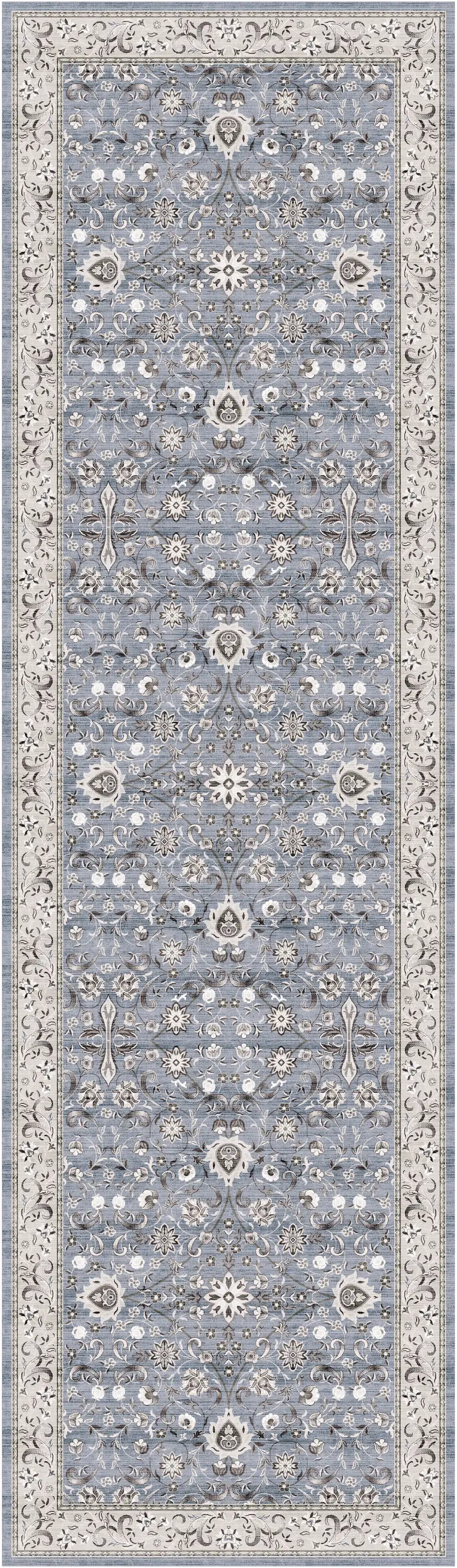 8' Beige and Blue Floral Distressed Non Skid Runner Rug Photo 4