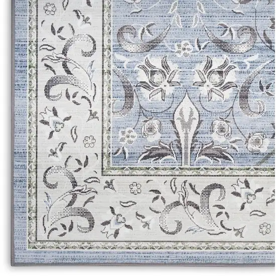 8' Beige and Blue Floral Distressed Non Skid Runner Rug Photo 8