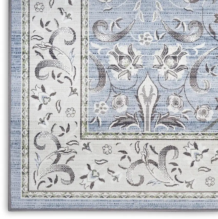 8' Beige and Blue Floral Distressed Non Skid Runner Rug Photo 8