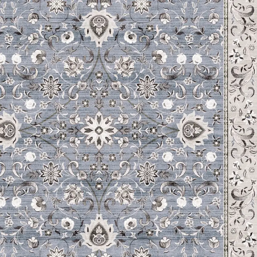 8' Beige and Blue Floral Distressed Non Skid Runner Rug Photo 4