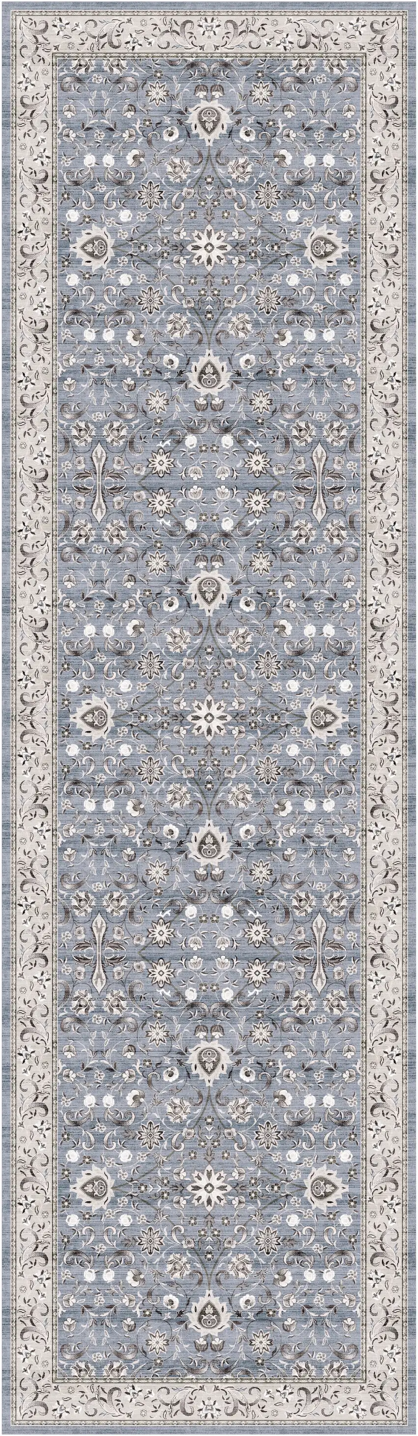 8' Beige and Blue Floral Distressed Non Skid Runner Rug Photo 2