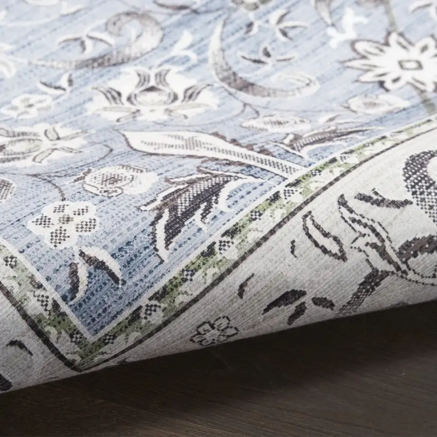 8' Beige and Blue Floral Distressed Non Skid Runner Rug Photo 9