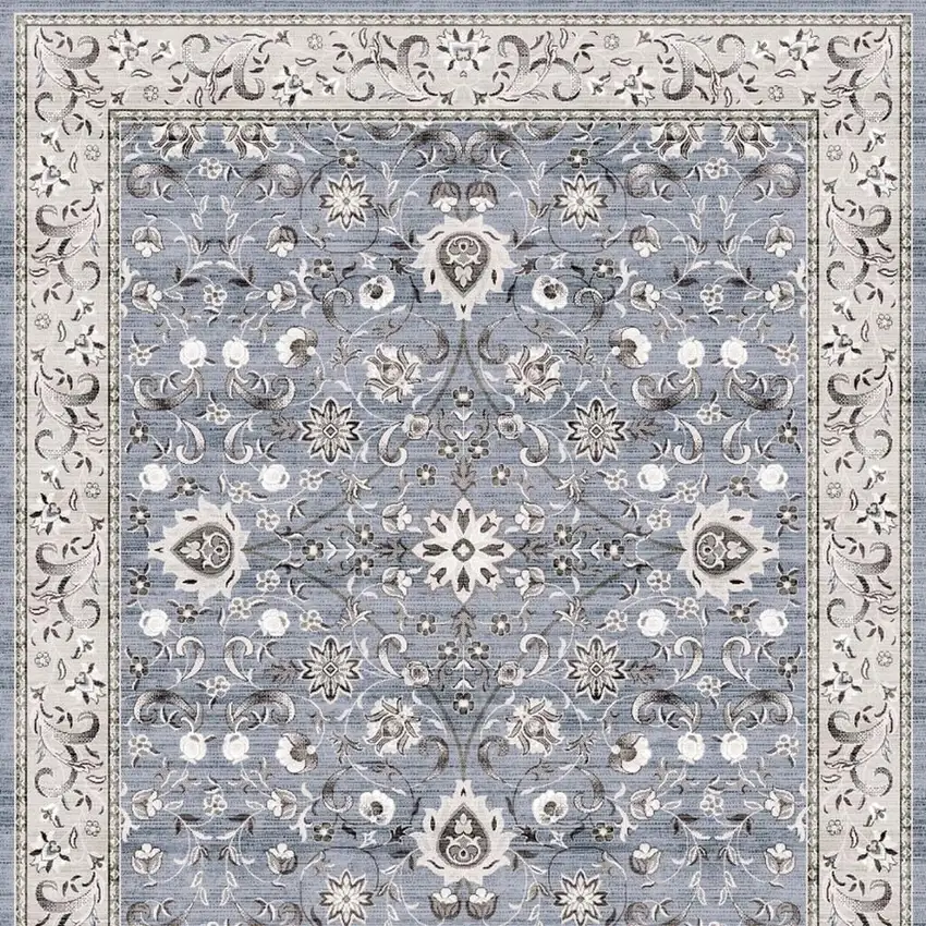 8' Beige and Blue Floral Distressed Non Skid Runner Rug Photo 3
