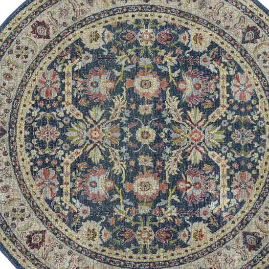 4' Beige and Blue Floral Medallion Distressed Non Skid Round Rug Photo 8