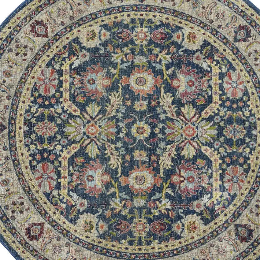 4' Beige and Blue Floral Medallion Distressed Non Skid Round Rug Photo 8