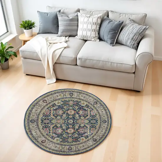 4' Beige and Blue Floral Medallion Distressed Non Skid Round Rug Photo 1