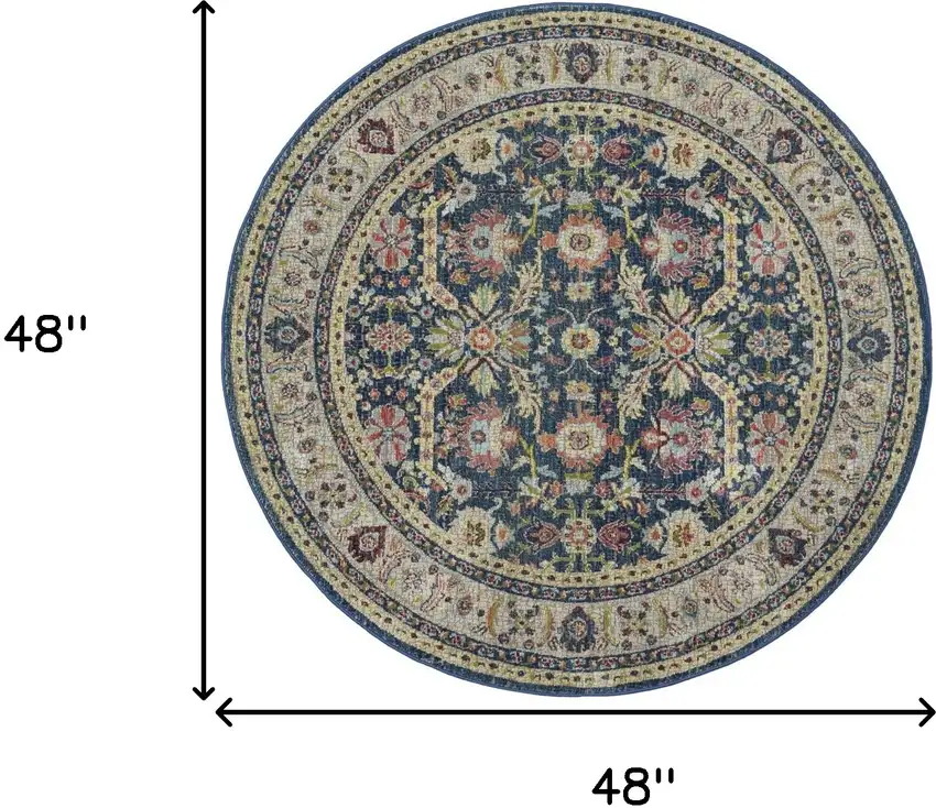 4' Beige and Blue Floral Medallion Distressed Non Skid Round Rug Photo 3