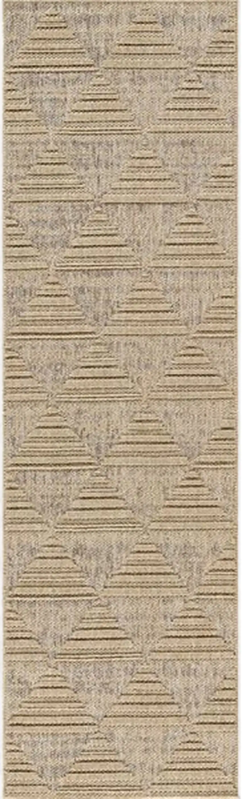 8' Beige and Brown Geometric Distressed Indoor Outdoor Runner Rug Photo 2