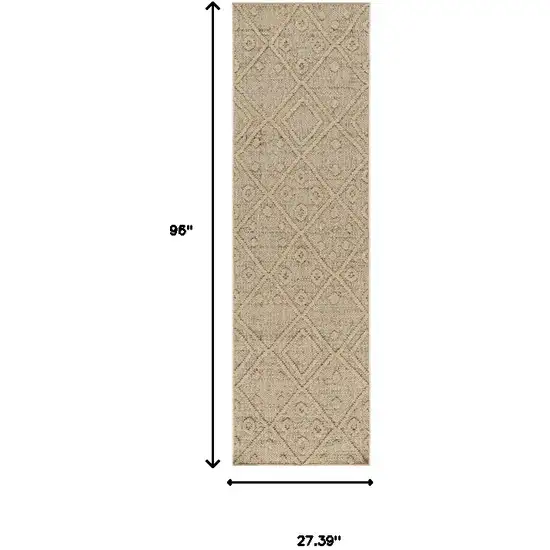 8' Beige and Brown Geometric Distressed Indoor Outdoor Runner Rug Photo 3