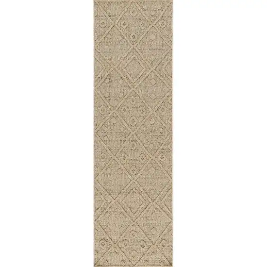 8' Beige and Brown Geometric Distressed Indoor Outdoor Runner Rug Photo 2