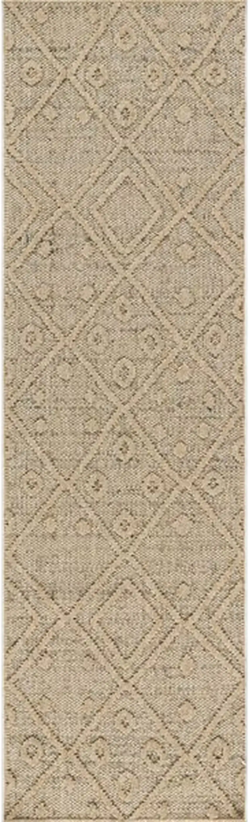 8' Beige and Brown Geometric Distressed Indoor Outdoor Runner Rug Photo 2