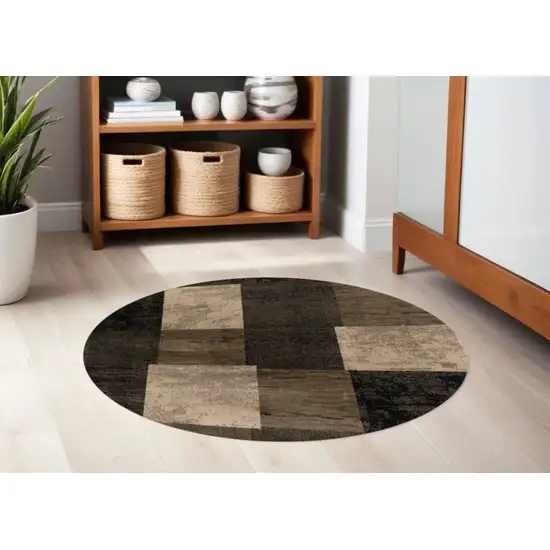 5' Beige and Brown Geometric Distressed Round Rug Photo 2