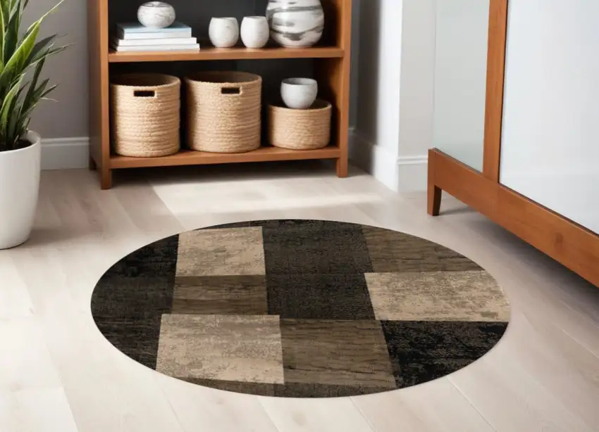 5' Beige and Brown Geometric Distressed Round Rug Photo 2