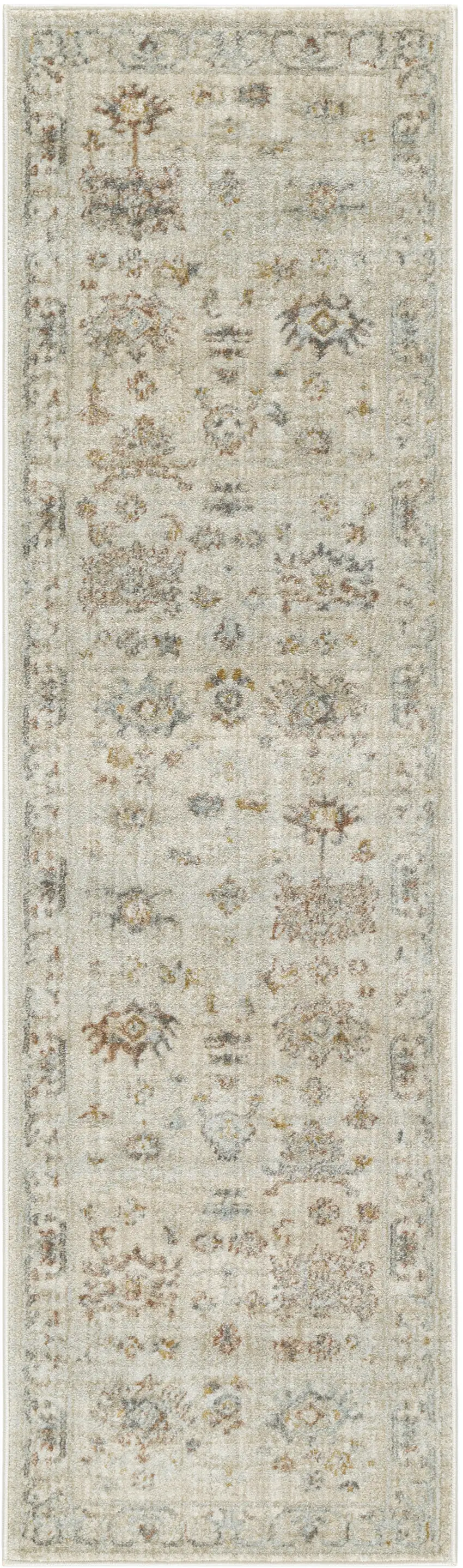 8' Beige and Brown Oriental Power Loom Distressed Runner Rug With Fringe Photo 1