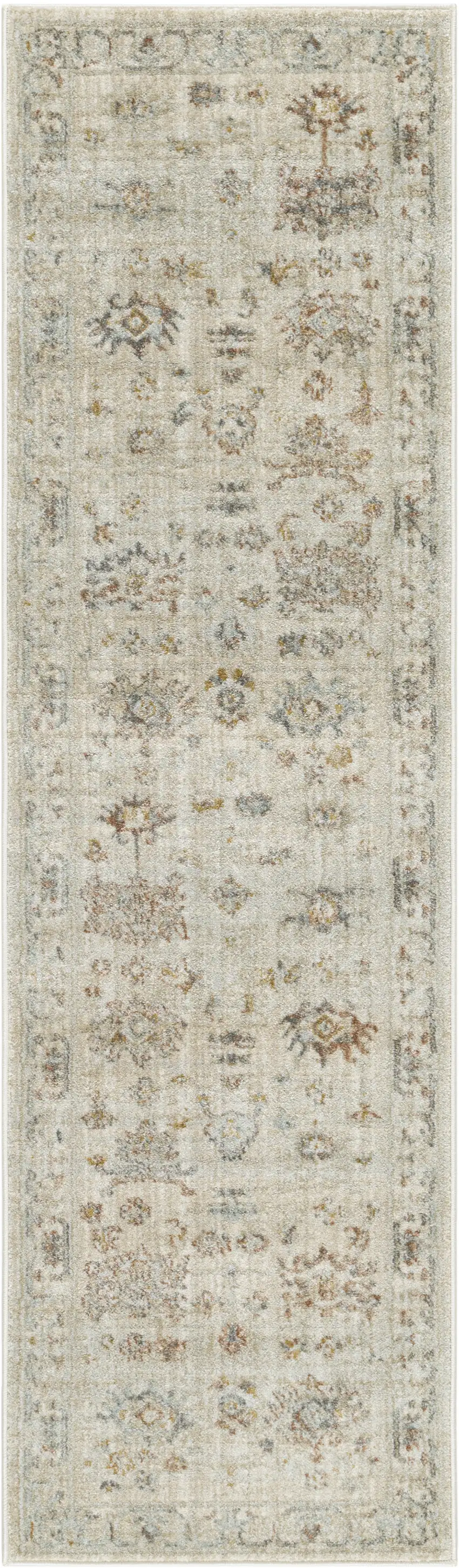8' Beige and Brown Oriental Power Loom Distressed Runner Rug With Fringe Photo 1