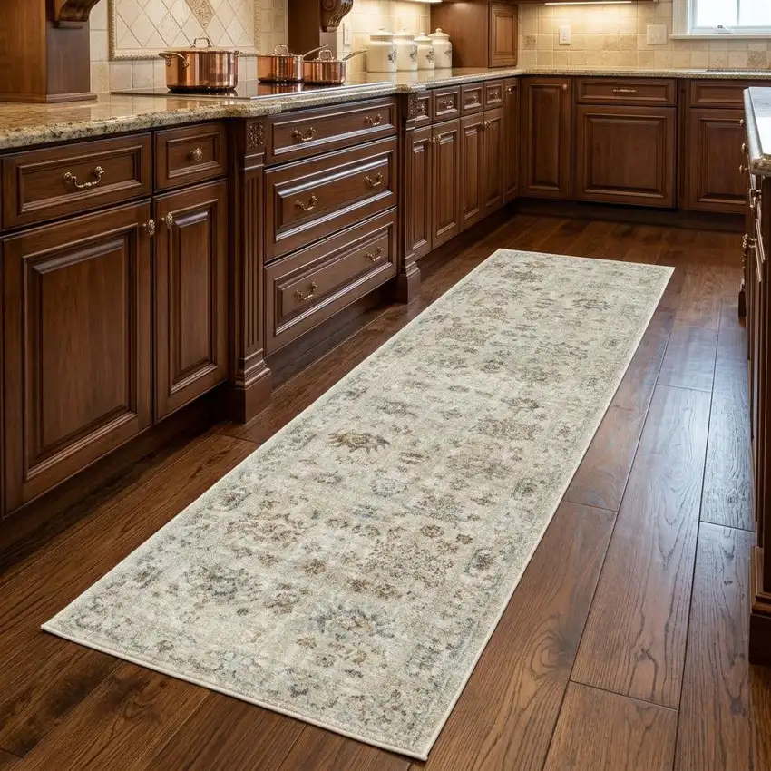 8' Beige and Brown Oriental Power Loom Distressed Runner Rug With Fringe Photo 1